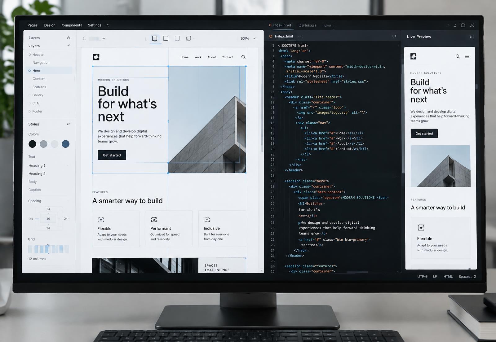 Website-Editor, Code und mobile Vorschau auf einem Bildschirm
